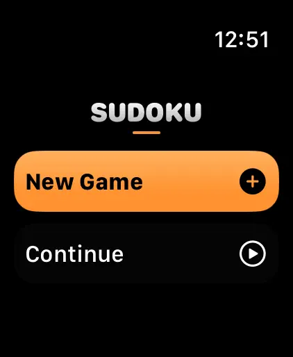 Sudoku Wear home screen on Apple Watch with New Game and Continue controls