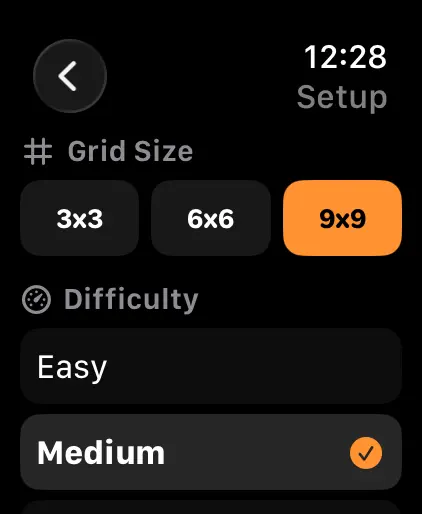 Sudoku Wear grid size selection on Apple Watch
