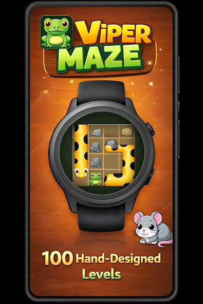 Viper Maze shown on a Wear OS watch with a winding orange viper, rocks, frog, and mouse puzzle pieces