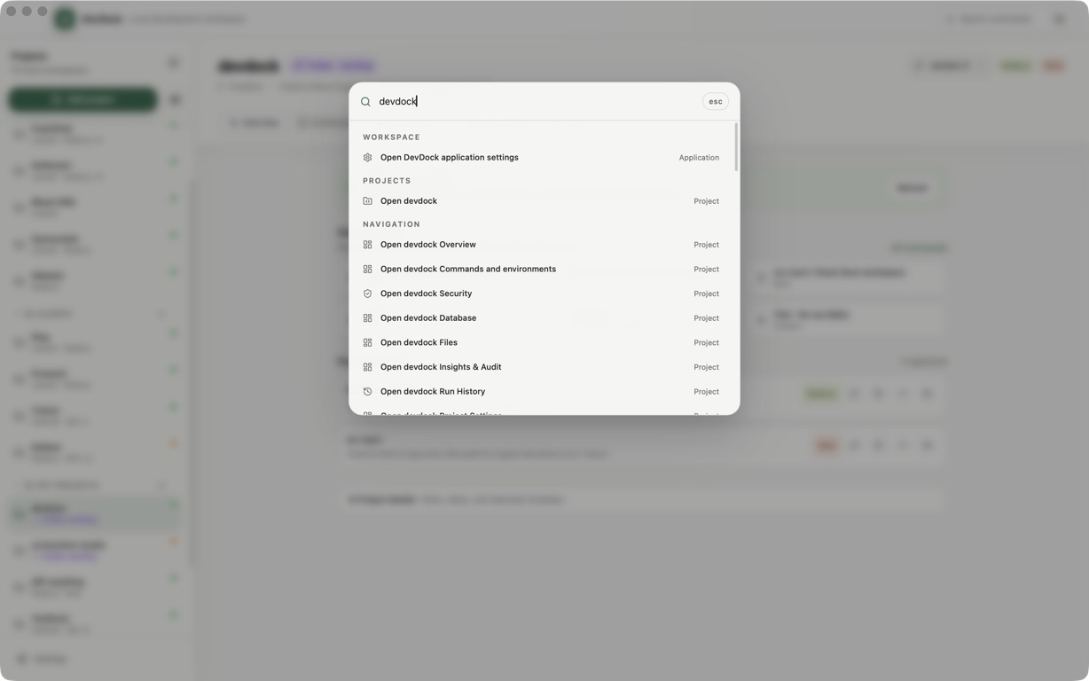 DevDock command palette filtered to application, project, navigation, folder, and command actions