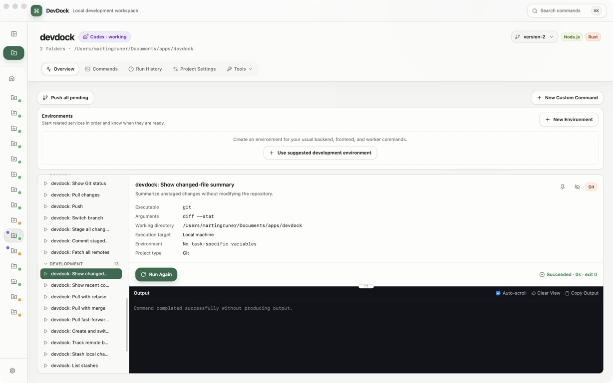 DevDock Commands view showing Git workflows and a completed changed-file summary