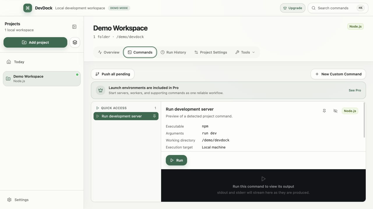 DevDock command workspace showing a detected development command, its executable, arguments, working directory, and output area