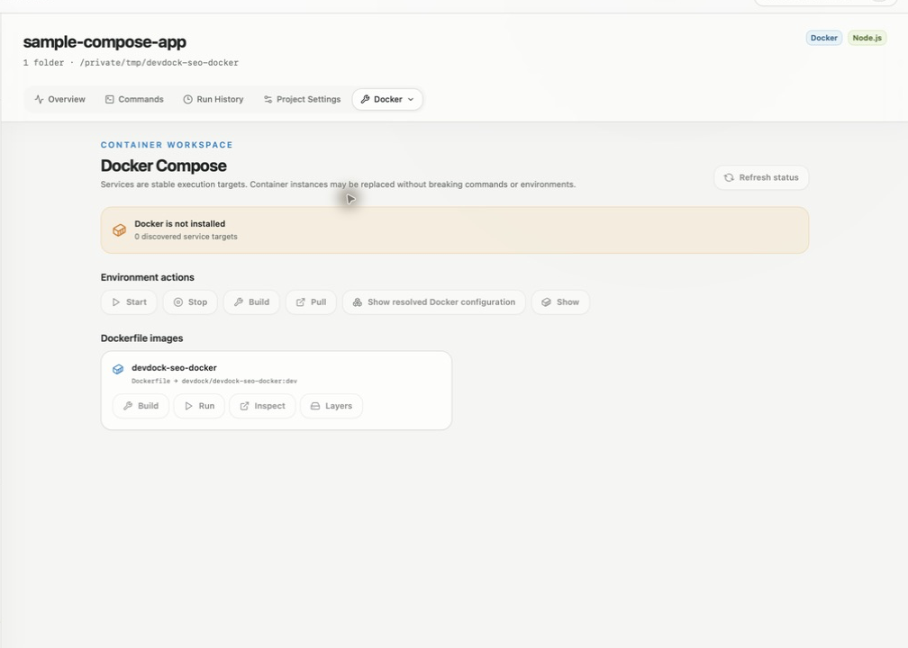 DevDock Docker workspace showing environment actions and a detected Dockerfile image