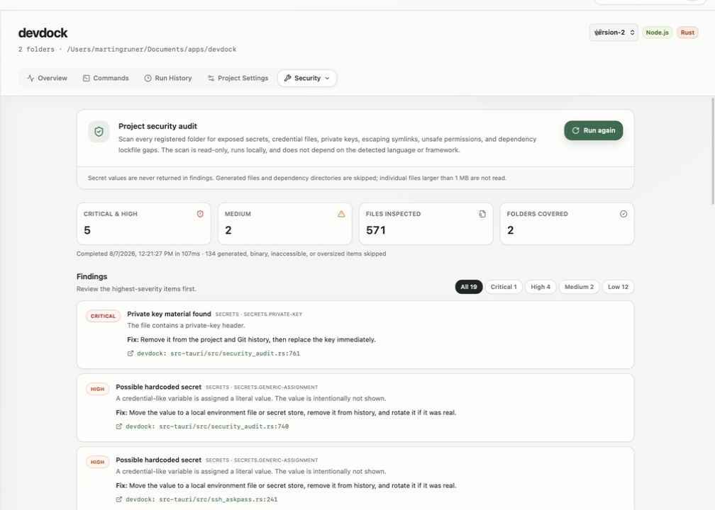 DevDock local security audit showing finding counts and remediation guidance without revealing secret values
