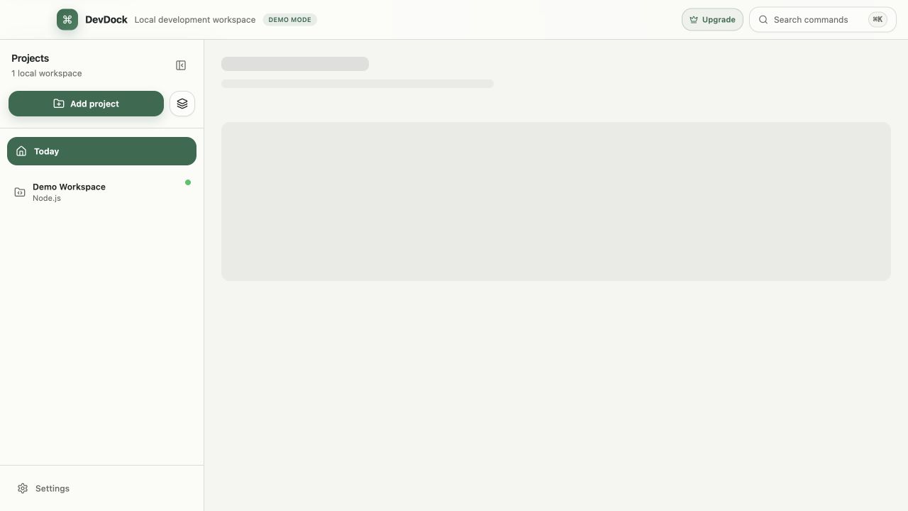 DevDock Today dashboard with recent projects and pinned workspace actions