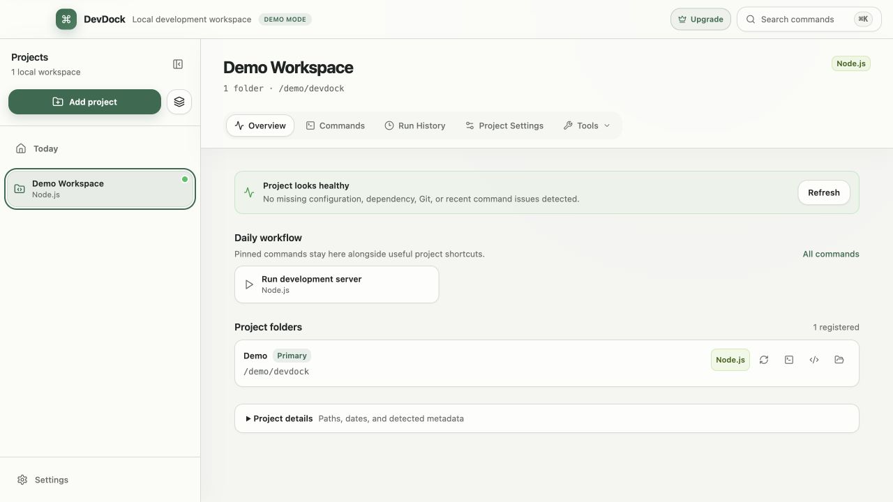 DevDock project overview showing project health, a daily workflow, and the registered project folder