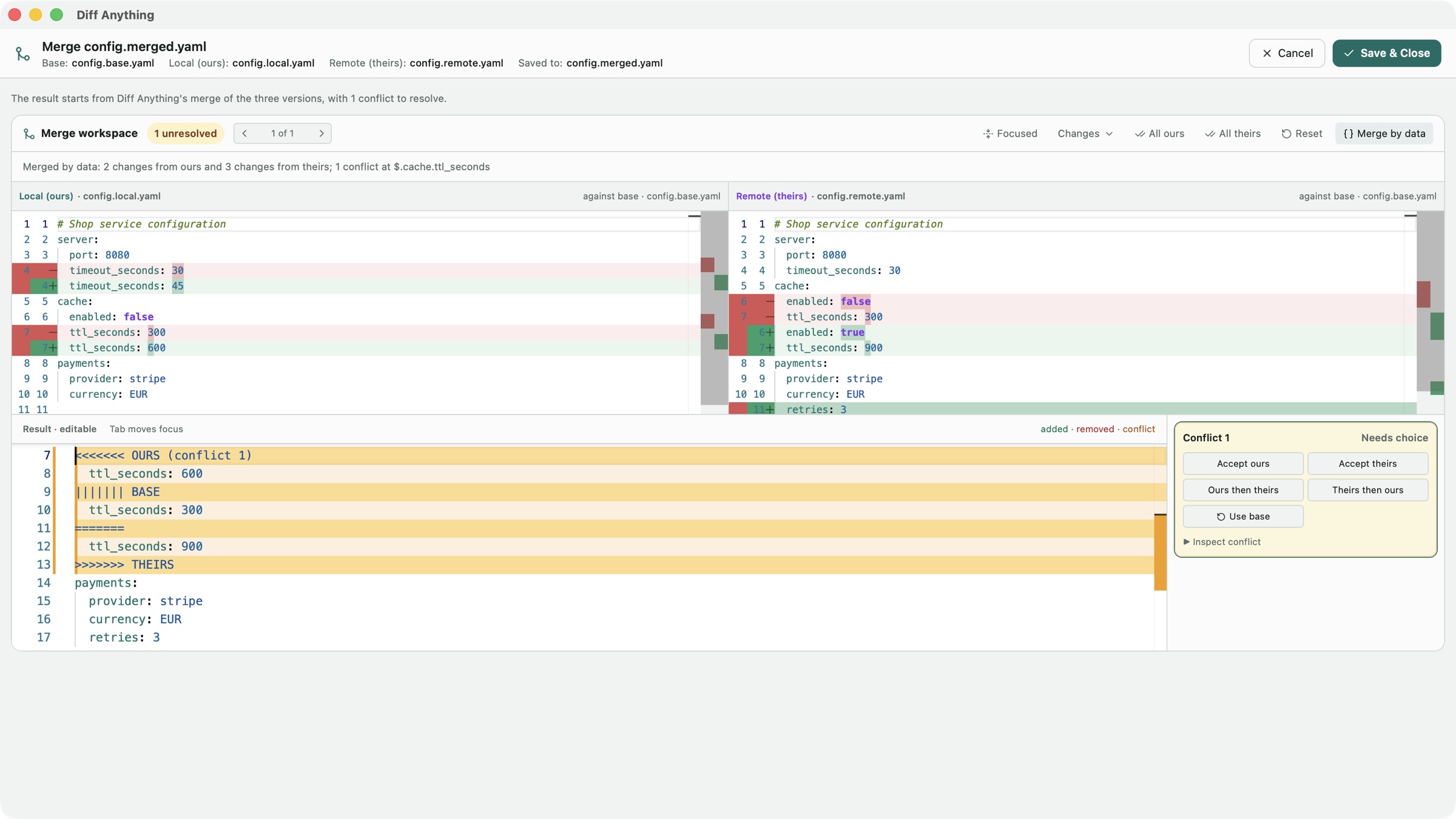 Diff Anything's merge window for a YAML configuration file: two changes from each branch merged by data, and one conflict at cache.ttl_seconds waiting for a choice