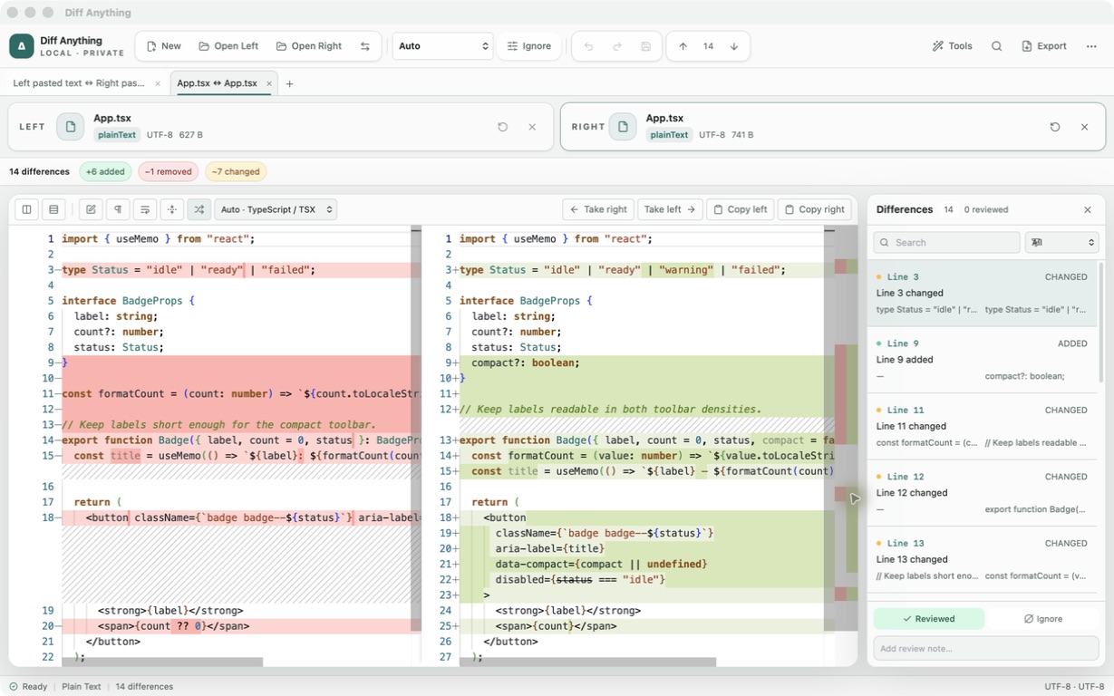 Diff Anything comparing TypeScript source with syntax highlighting and moved-block detection