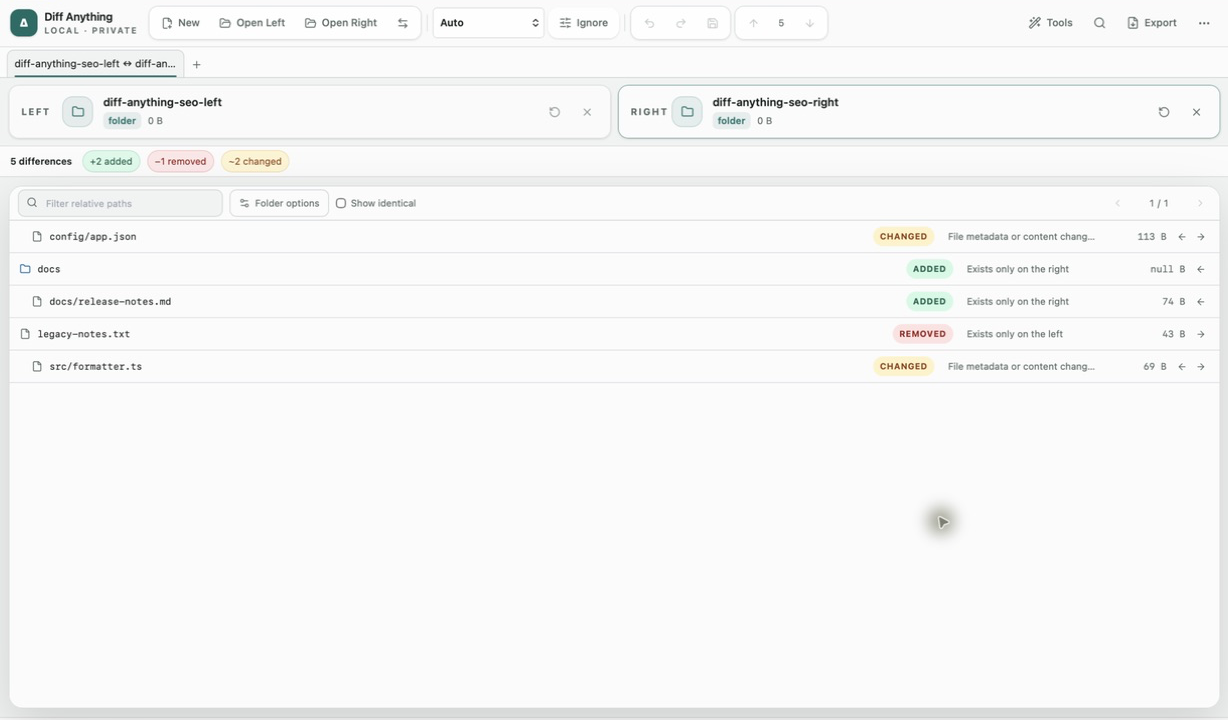 Diff Anything folder comparison listing added, removed, and changed paths before synchronization