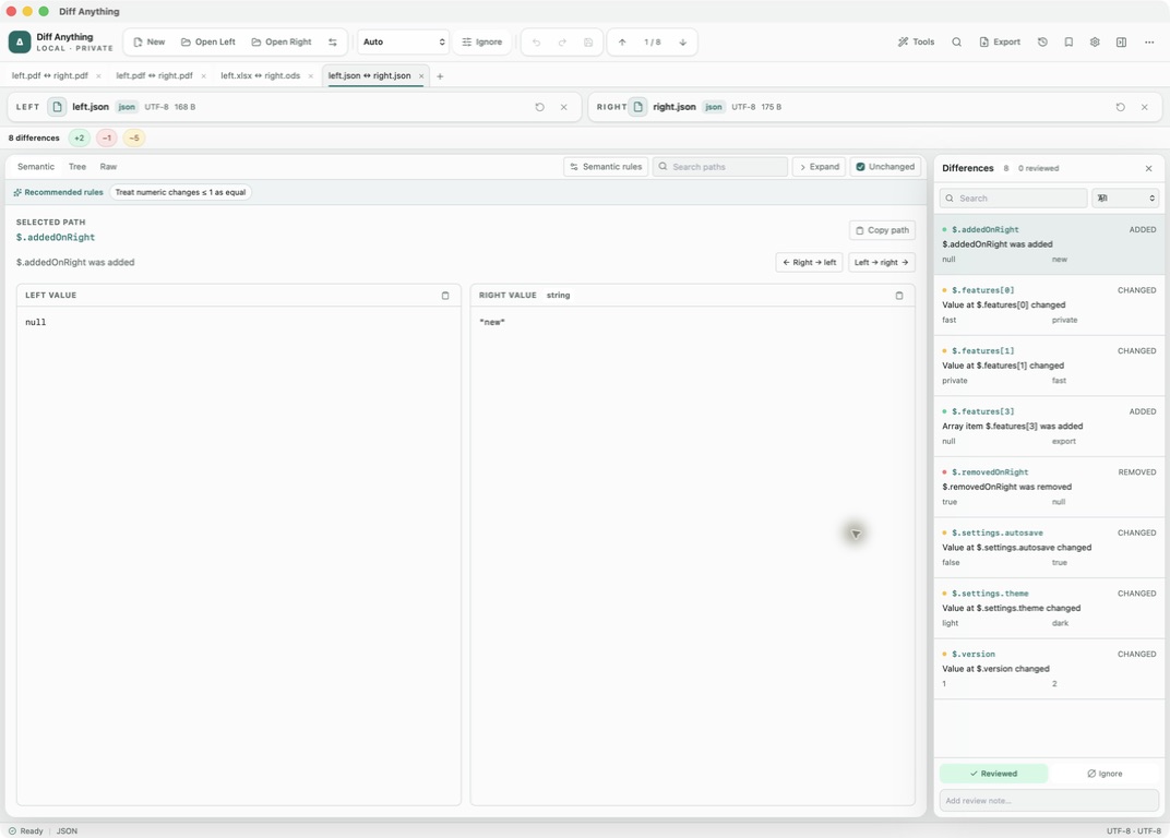 Diff Anything 1.3 semantic JSON comparison with selected path values and a differences sidebar