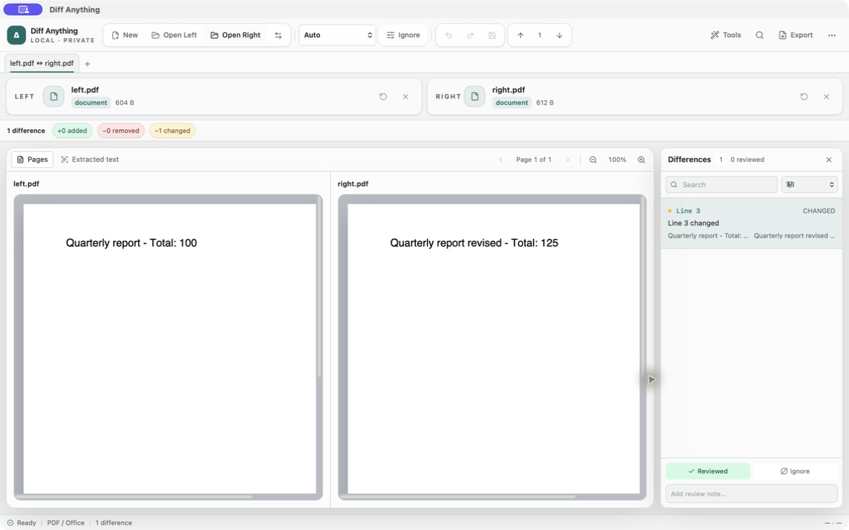 Diff Anything comparing rendered PDF pages with navigation and a selected wording difference