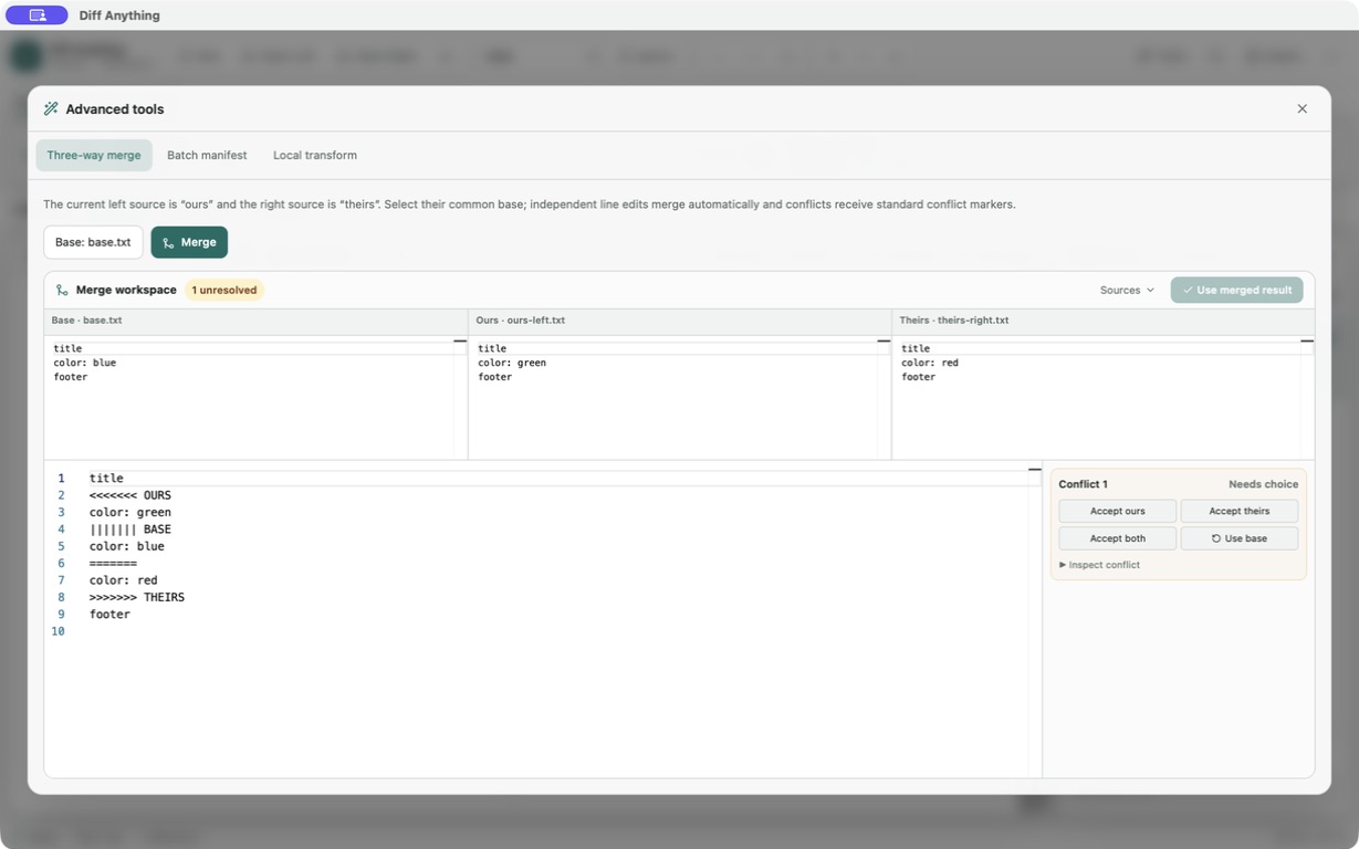 Diff Anything three-way merge workspace with Base, Ours, Theirs, and conflict resolution controls