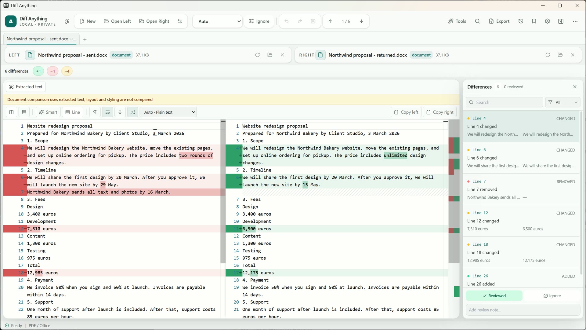 Diff Anything zu Windows vergleicht zwei Word-Vorschläge nebeneinander, wobei der geänderte Wortlaut hervorgehoben und sechs Unterschiede aufgeführt sind