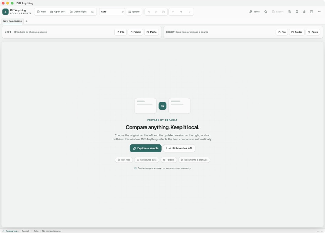 Diff Anything 1.3 welcome screen with private local comparison sources