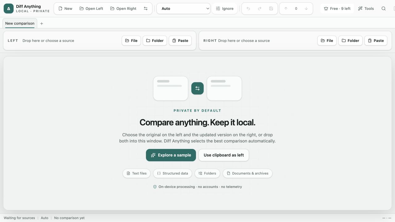 Diff Anything local source picker for files, folders, and pasted content