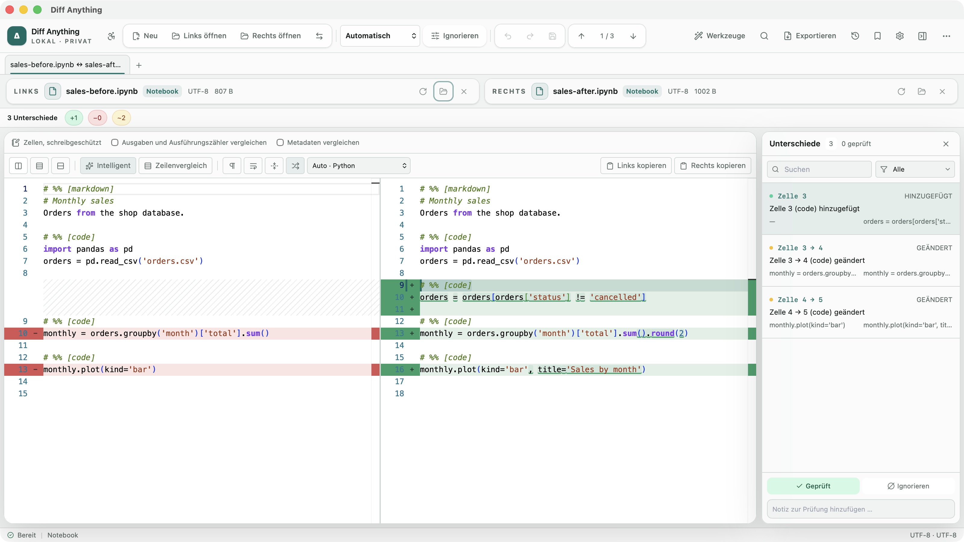 Zwei Jupyter-Notebooks mit einer hinzugefügten und zwei geänderten Codezellen in der deutschen Oberfläche von Diff Anything.