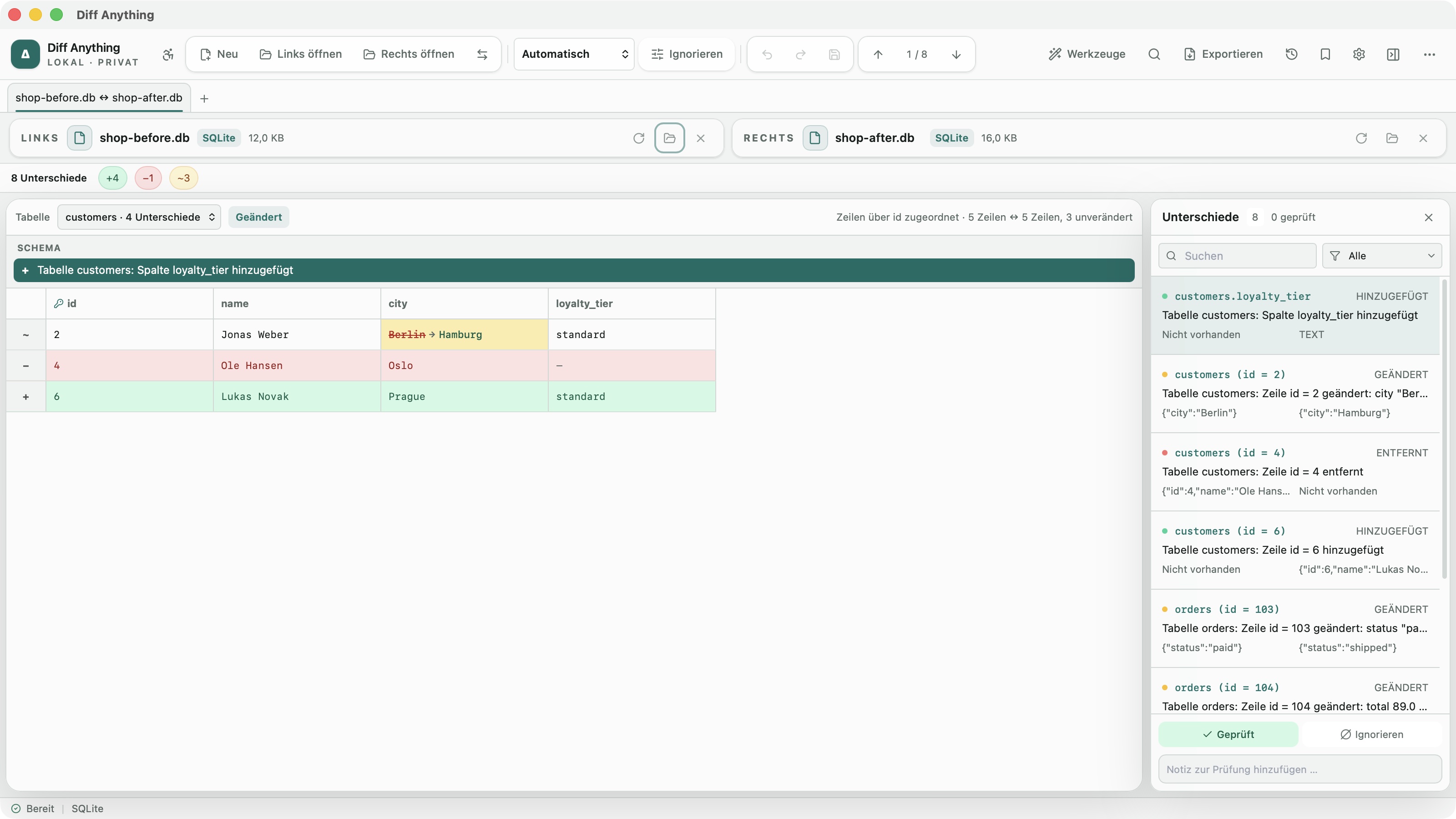 Zwei SQLite-Datenbanken mit neuer Spalte sowie geänderten, entfernten und hinzugefügten Zeilen in der deutschen Oberfläche von Diff Anything.