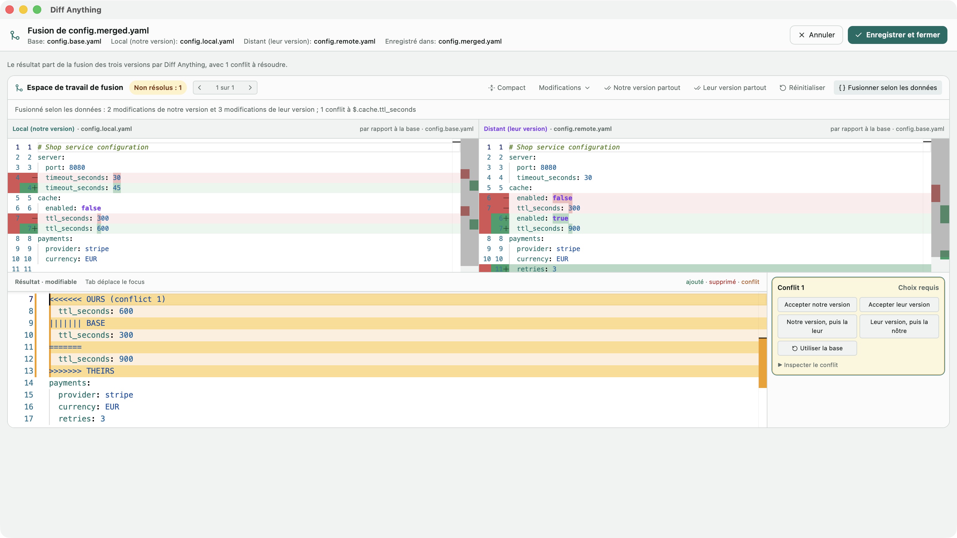 Fusion d’une configuration YAML selon ses données : modifications des deux branches reprises et un conflit à cache.ttl_seconds, dans l’interface française de Diff Anything.