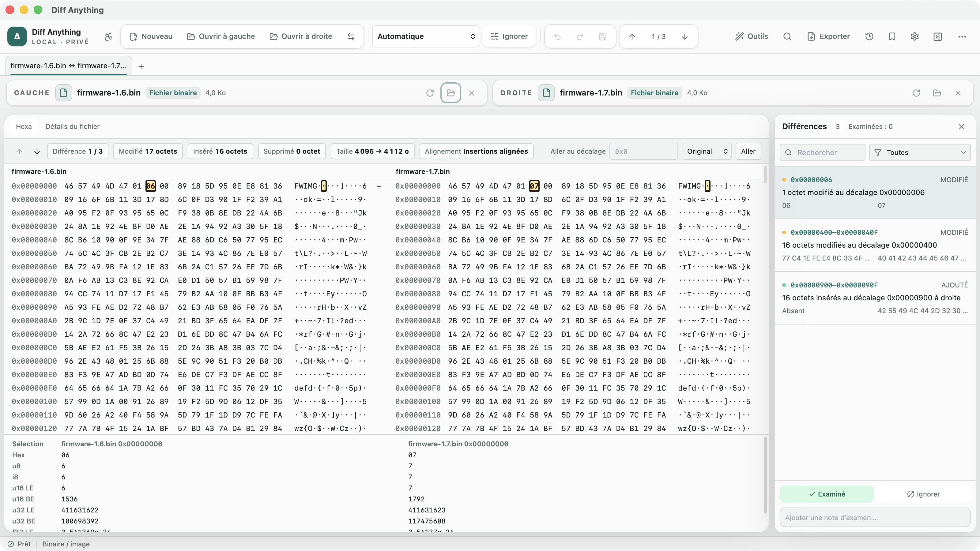 Comparaison hexadécimale de deux fichiers de firmware avec un octet modifié, une plage modifiée et des octets insérés dans l’interface française de Diff Anything.