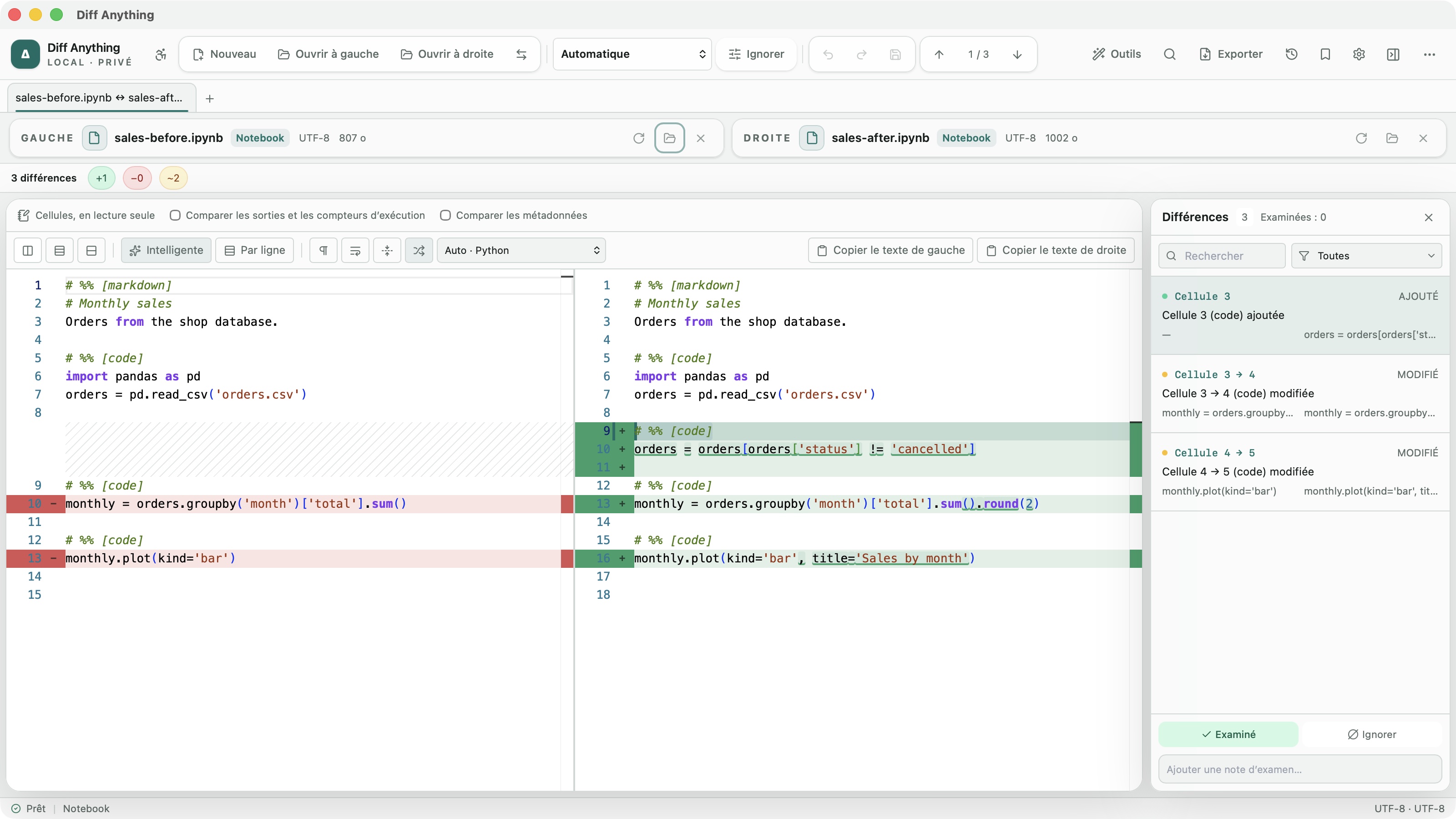 Deux notebooks Jupyter avec une cellule de code ajoutée et deux modifiées dans l’interface française de Diff Anything.
