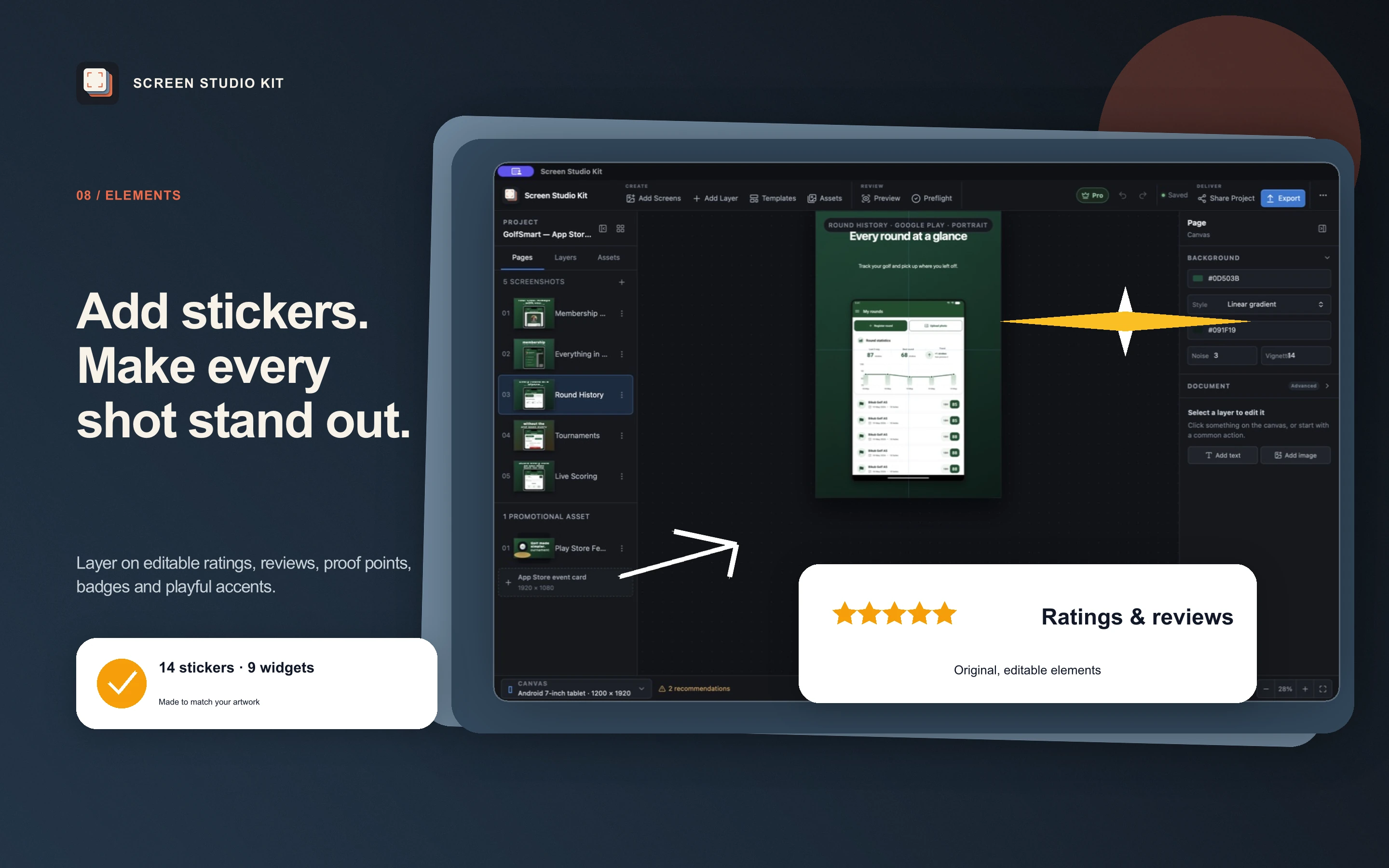 Screen Studio Kit 1.1 App Store artwork showing editable stickers and widgets