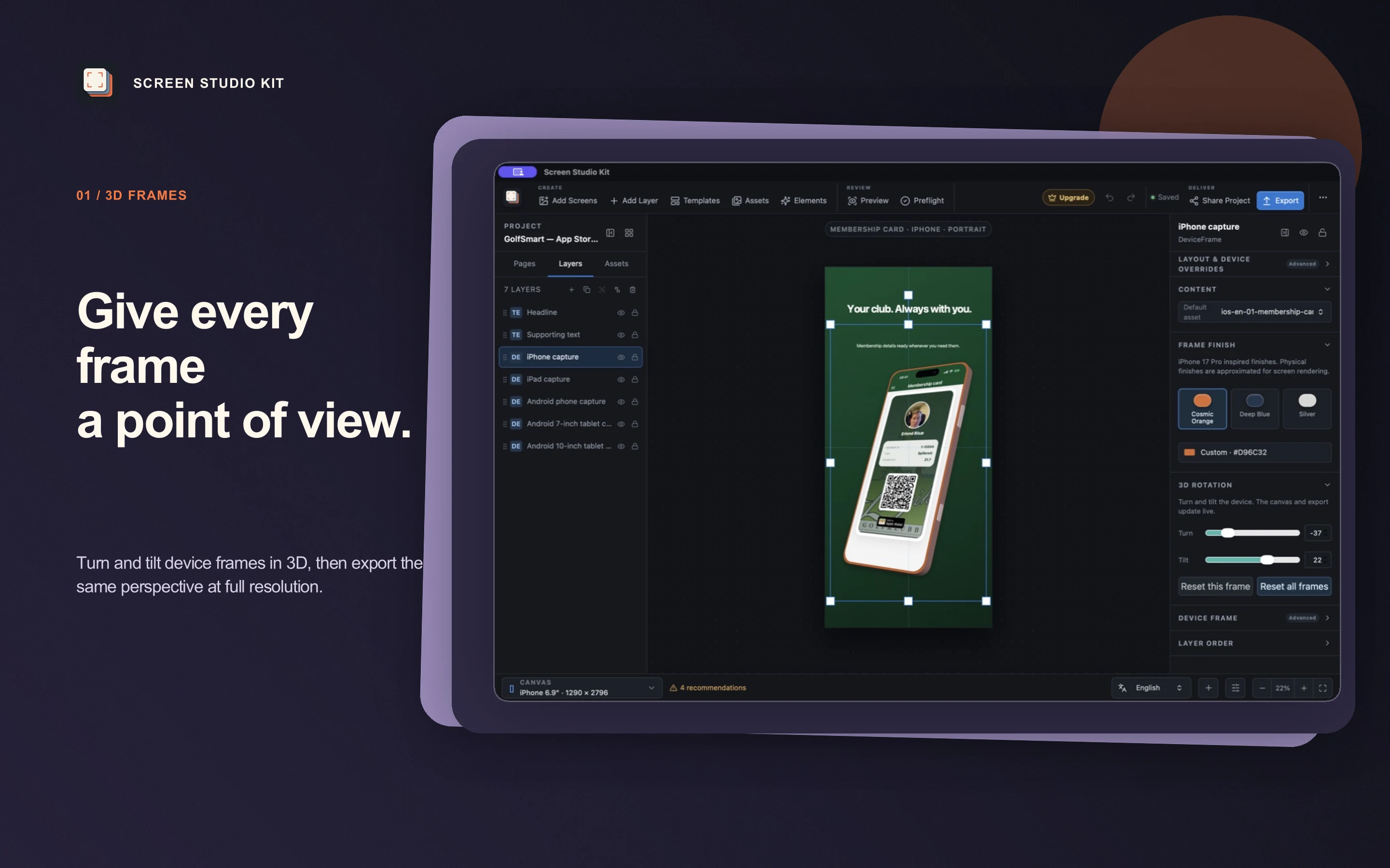 Screen Studio Kit 1.2 App Store artwork showing a rotated phone frame and live three-dimensional controls