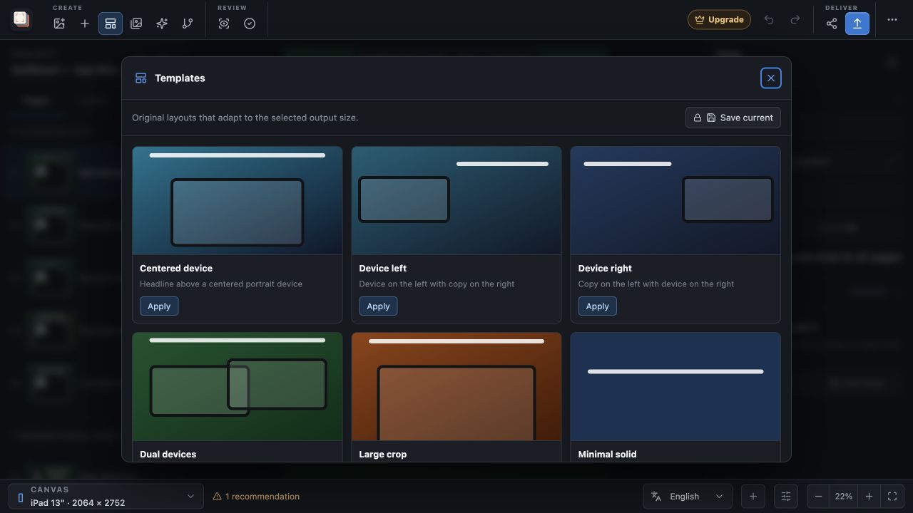 Screen Studio Kit 1.3 template library showing reusable layouts