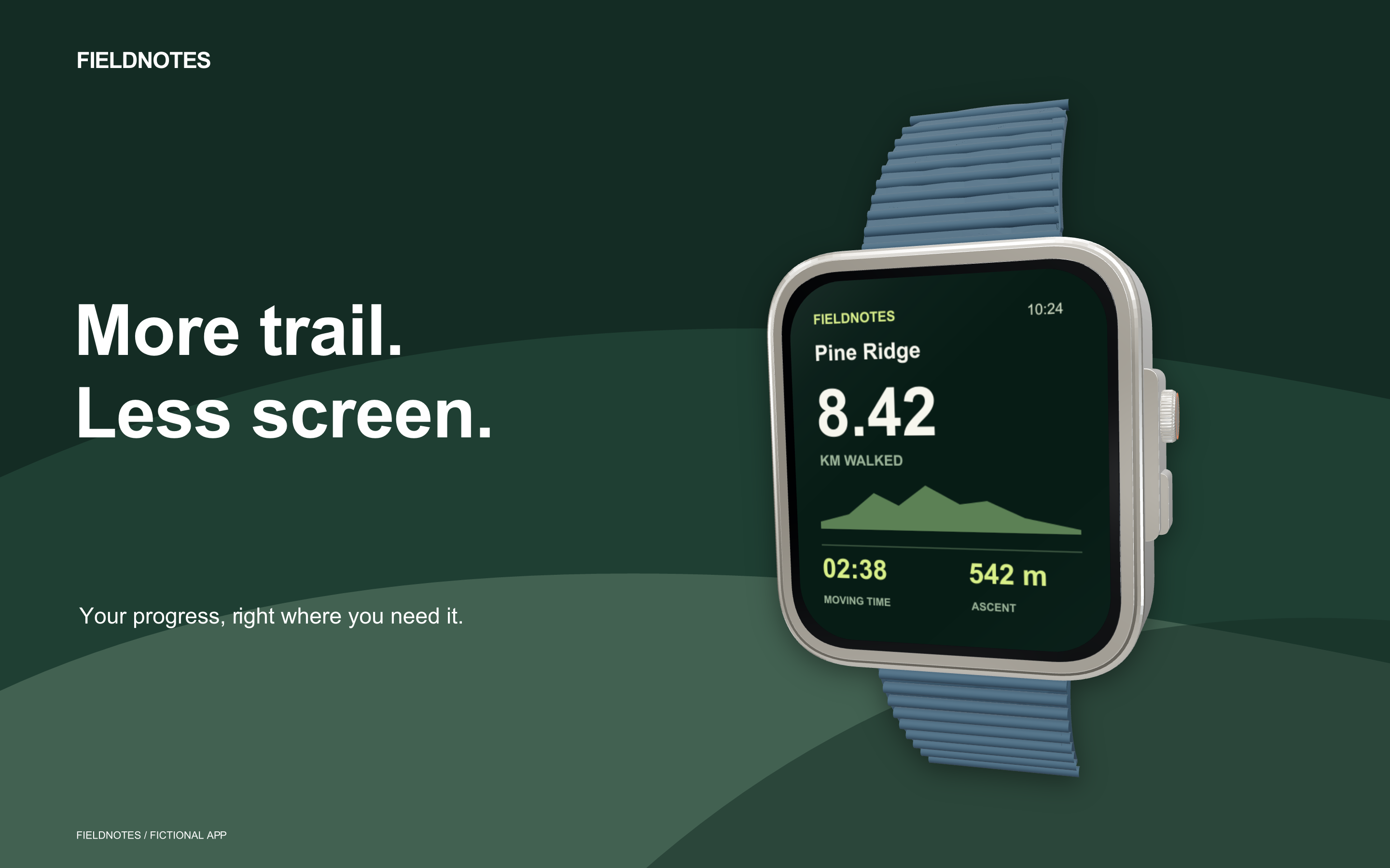 Fieldnotes fictional app in a watch frame, exported from Screen Studio Kit 1.4