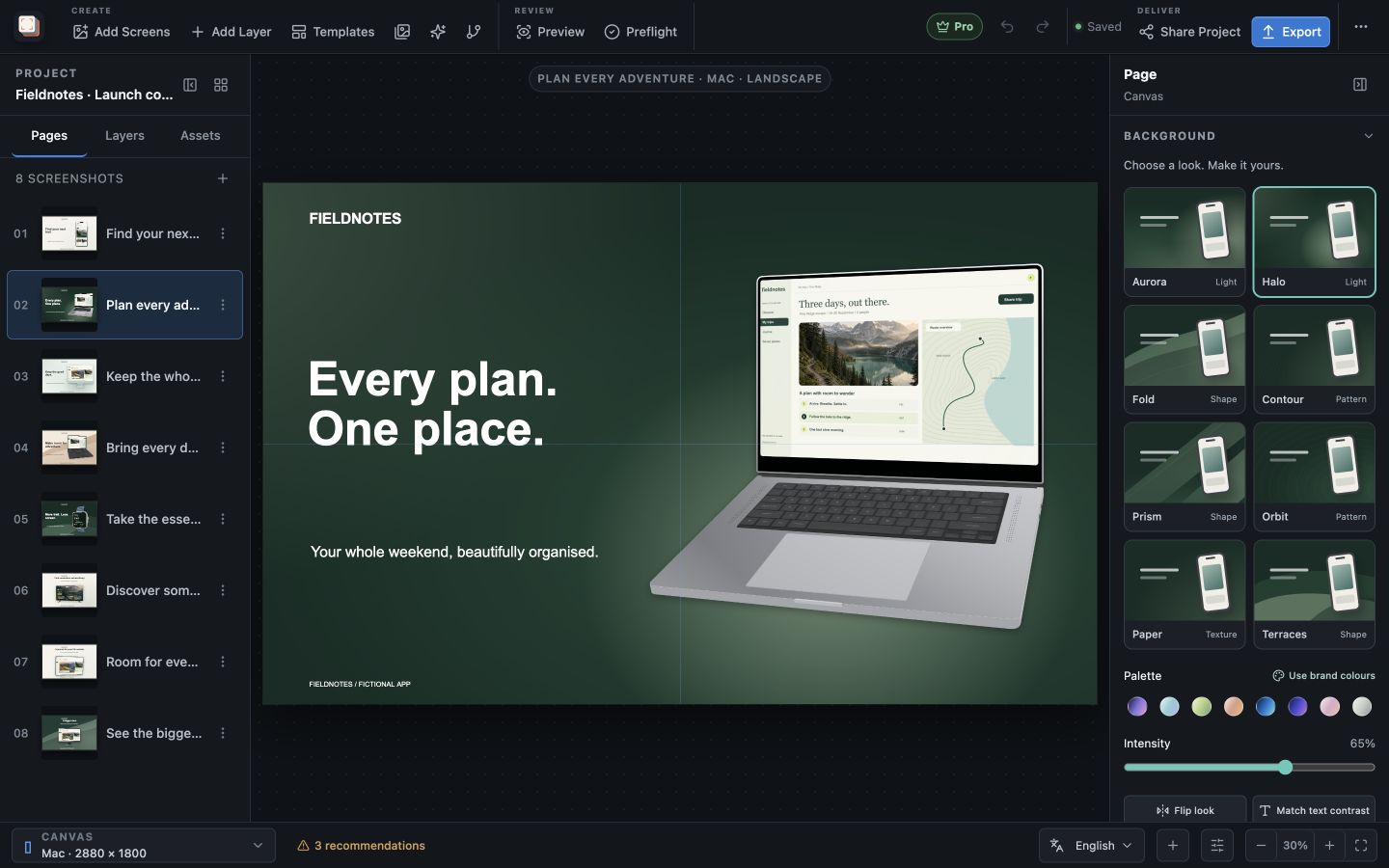 Eight background looks and colour controls beside a MacBook composition