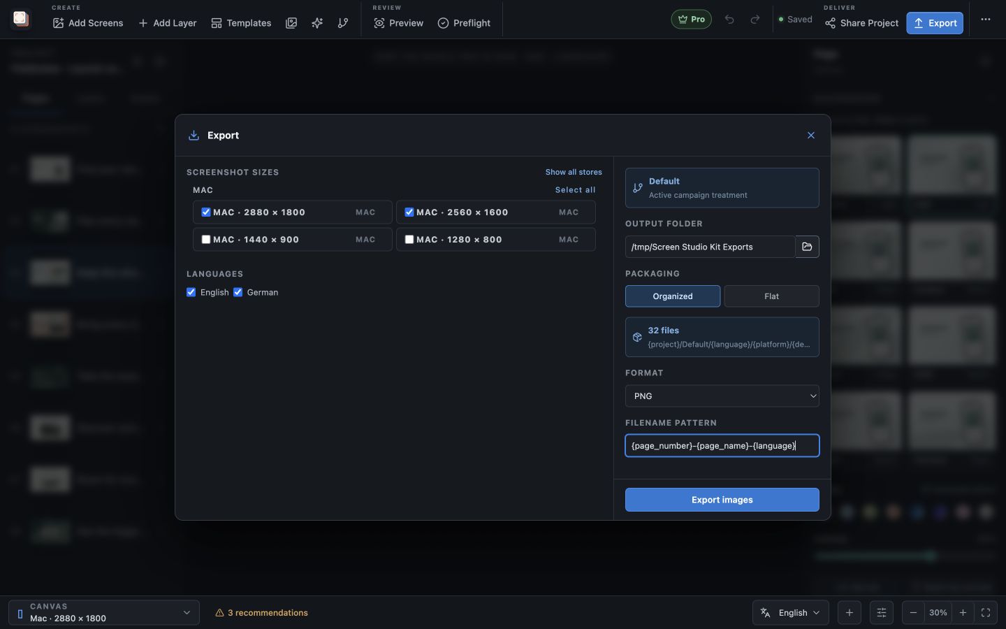 Screen Studio Kit export dialog showing output sizes, languages and organised file naming