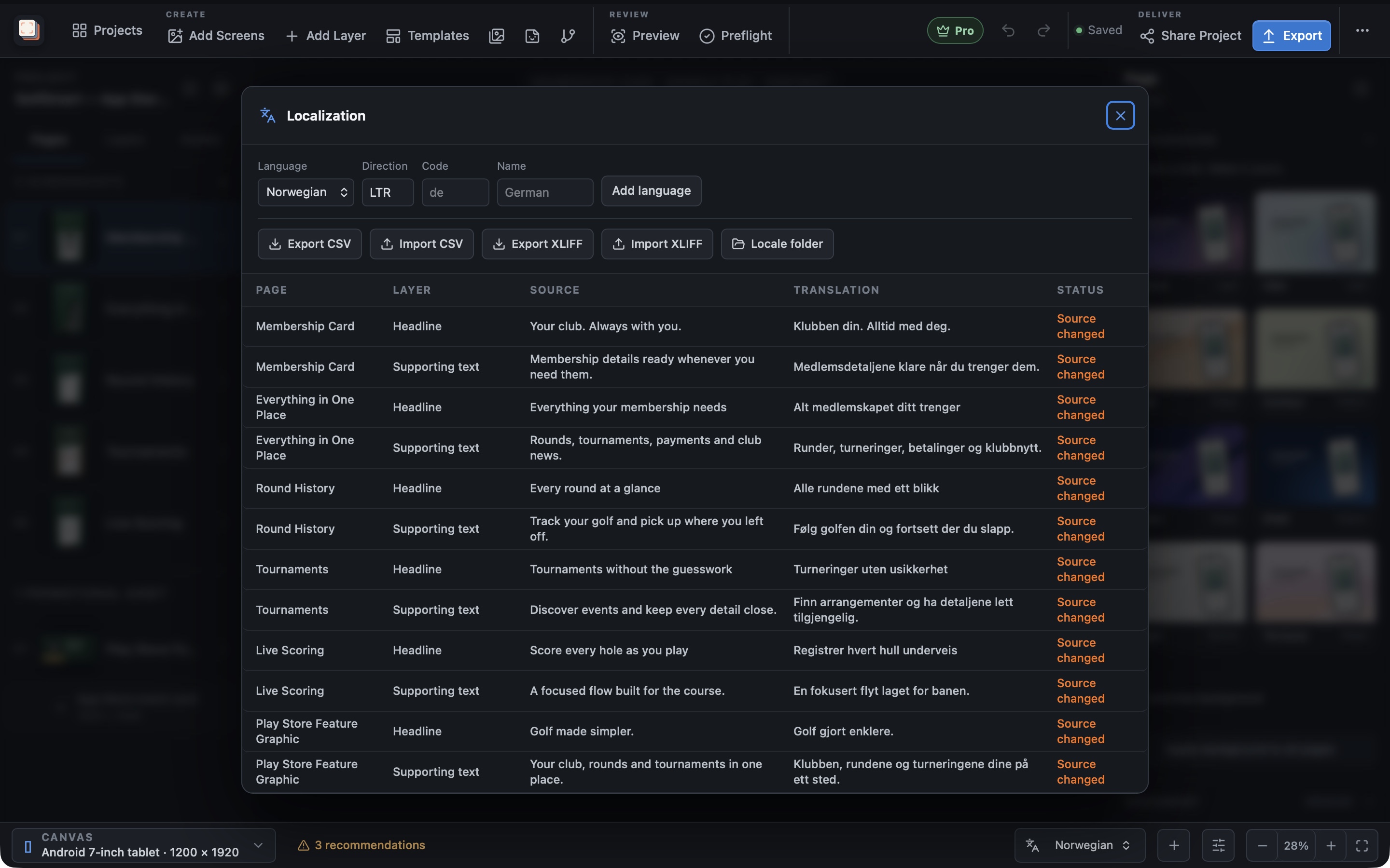 Screen Studio Kit previewing the localization workspace