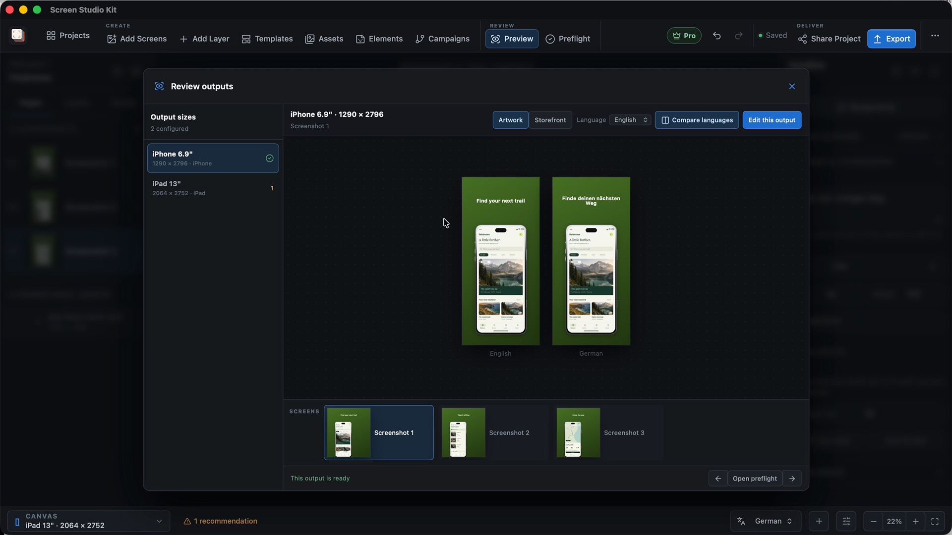 Screen Studio Kit Preview comparing the English and German versions of an iPhone App Store screenshot for a hiking app