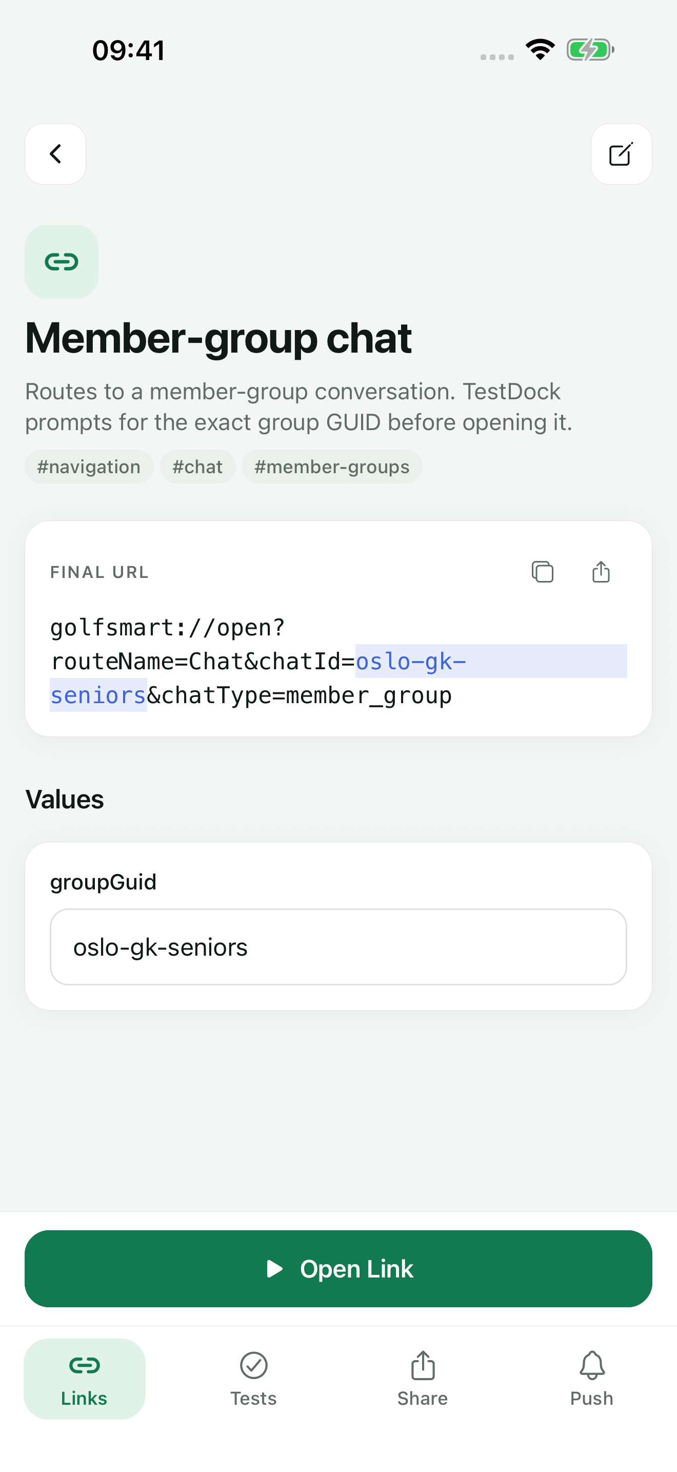 TestDock saved link showing the final URL and an editable groupGuid value