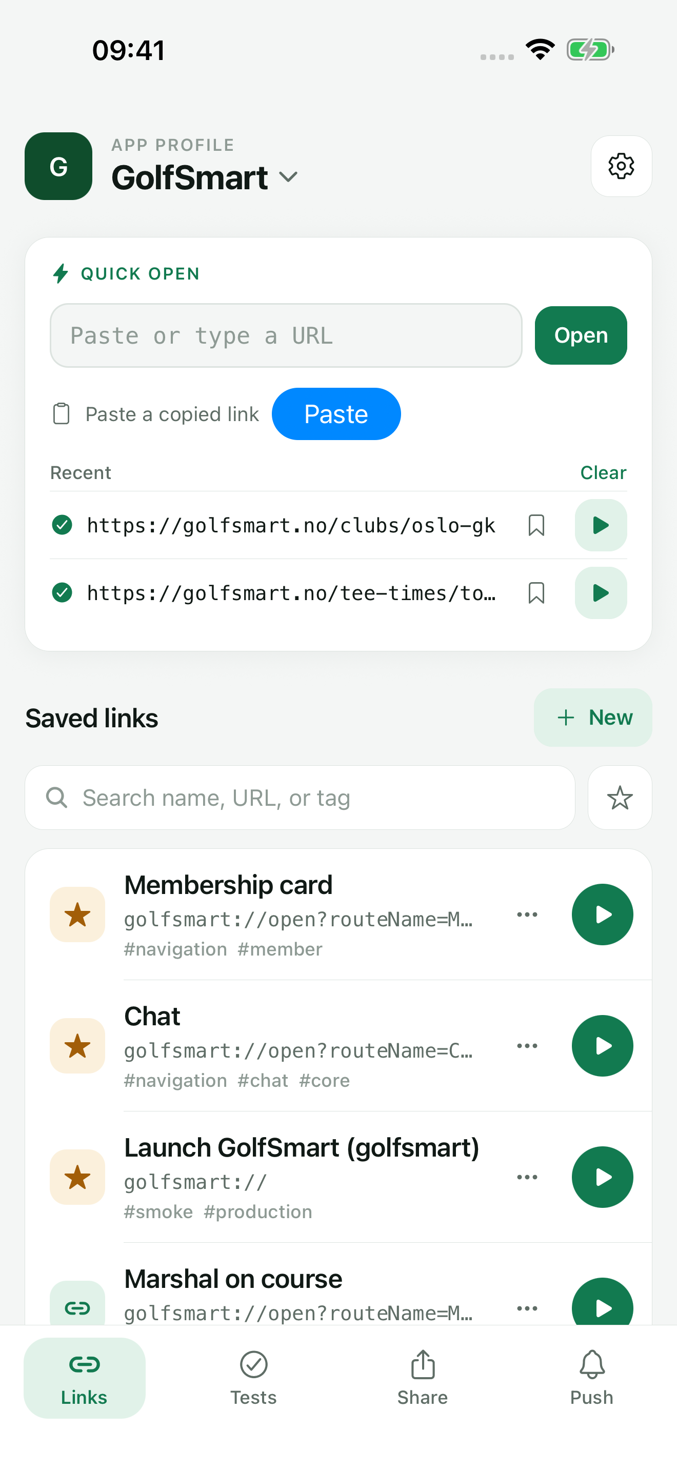 TestDock Links tab with Quick open, a Paste a copied link button, and recent links