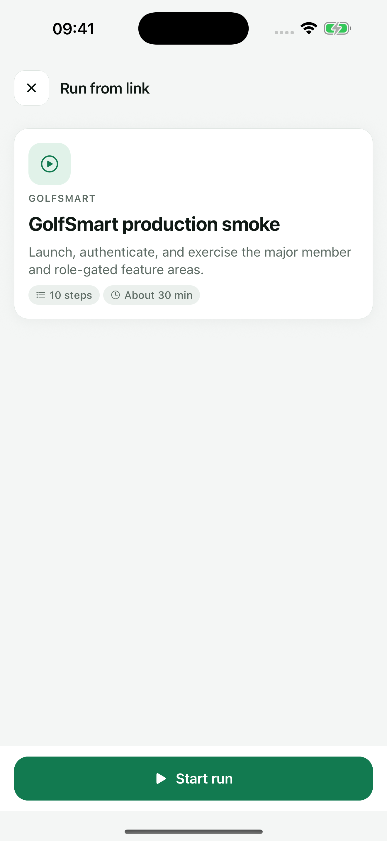 TestDock Run from link screen showing the GolfSmart production smoke test with 10 steps and a Start run button