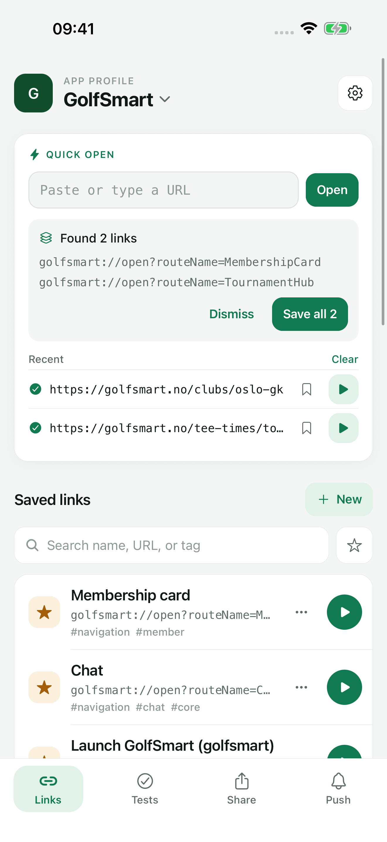 TestDock Quick open showing Found 2 links with a Save all 2 button