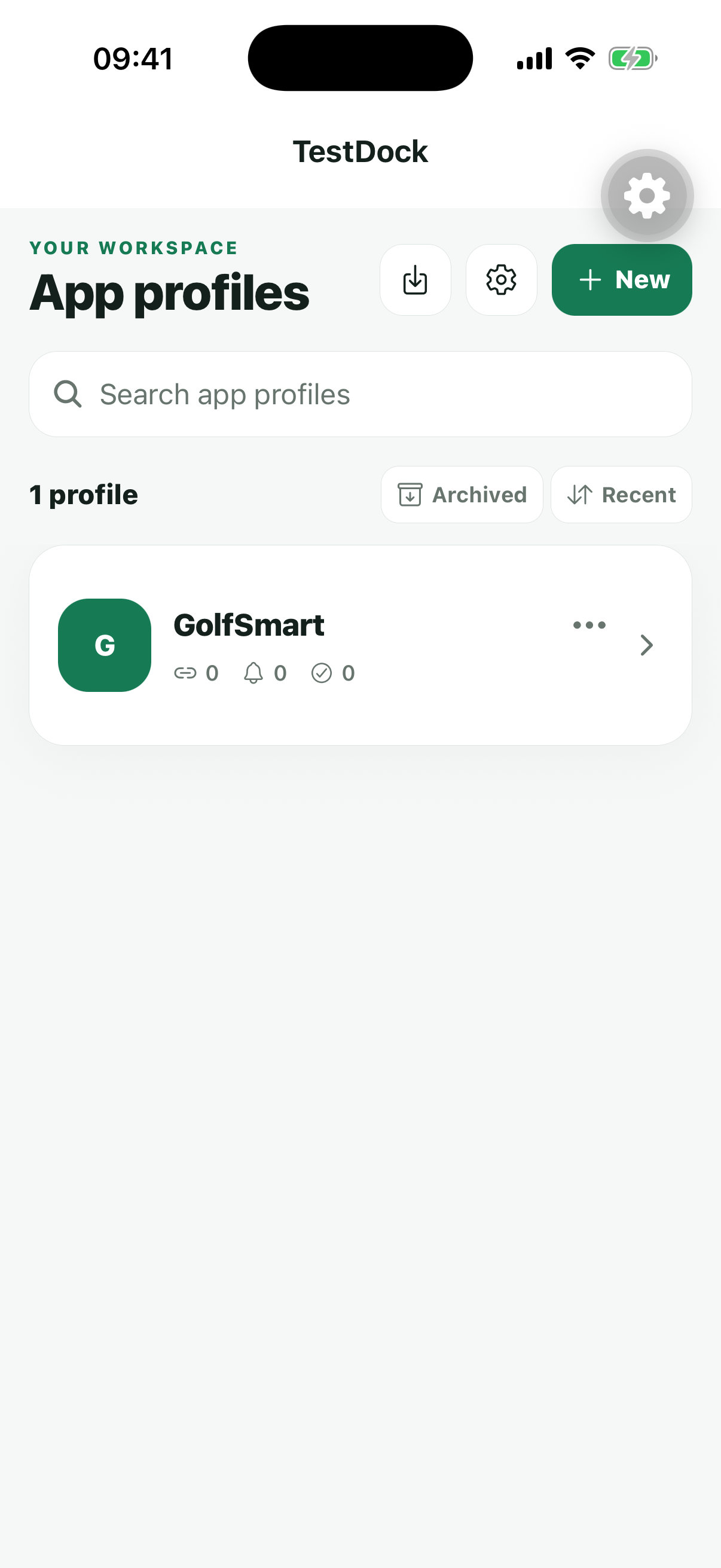 TestDock on iOS showing persistent mobile app profiles